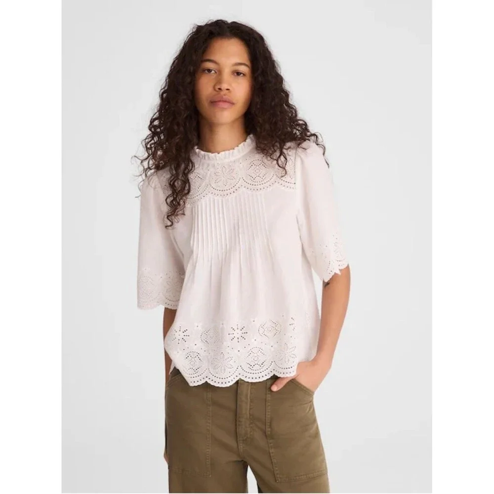 Madewell Embroidered Pintuck High-Neck Top Women’s Medium White Short Sleeve - Picture 1 of 9